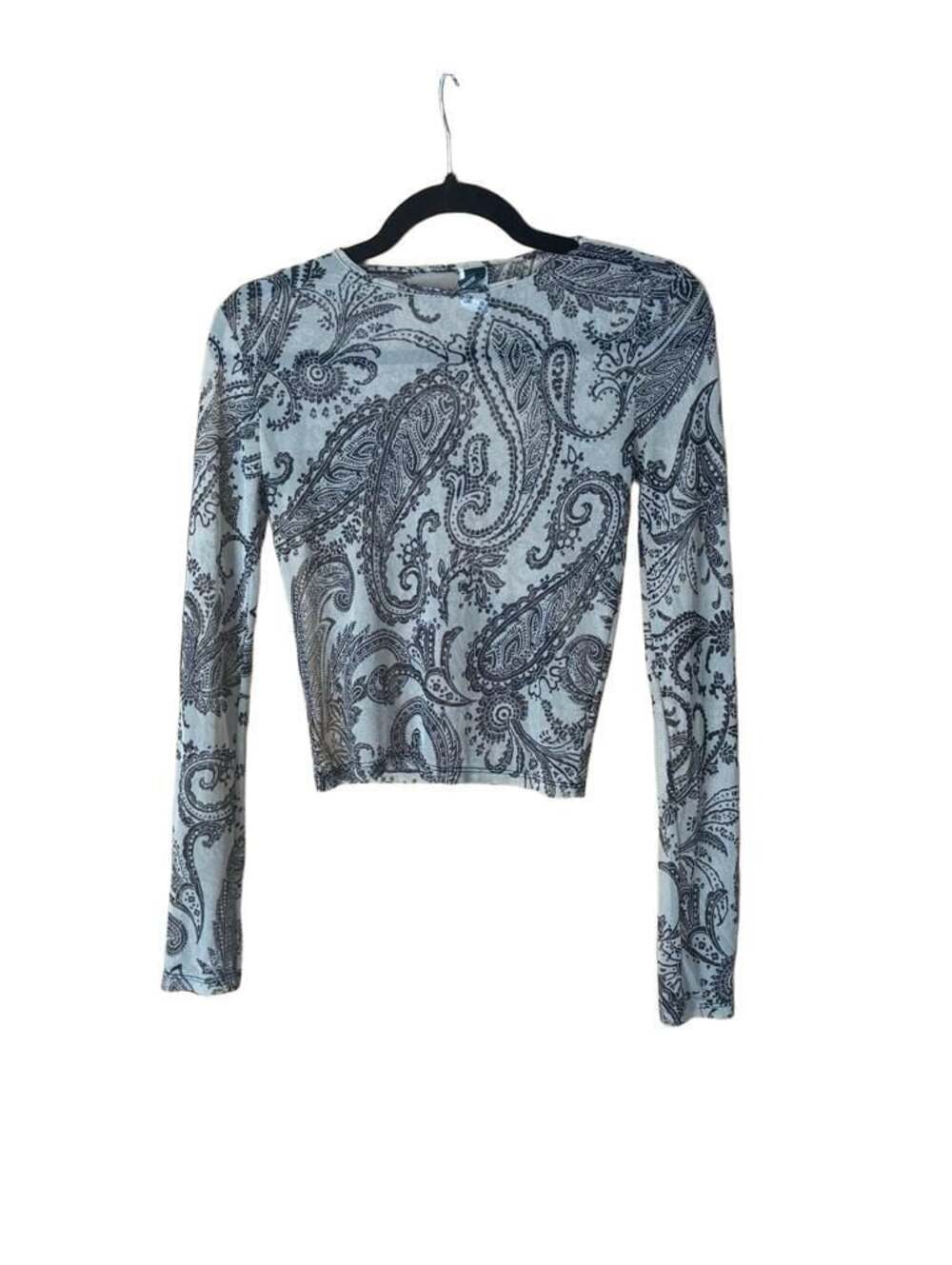 Windsor Sheer Mesh Long Sleeve Cropped Top in Beige and Black Paisley